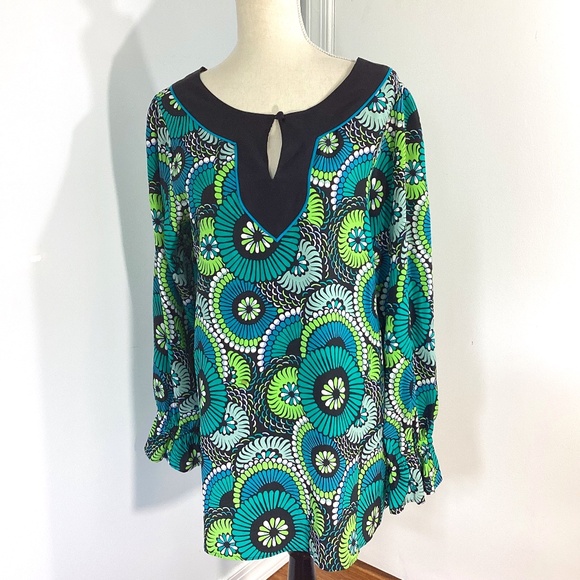 VTG BOB MACKIE WEARABLE ART SZ MEDIUM FLORAL GREEN TUNIC 100% SILK - Picture 1 of 10